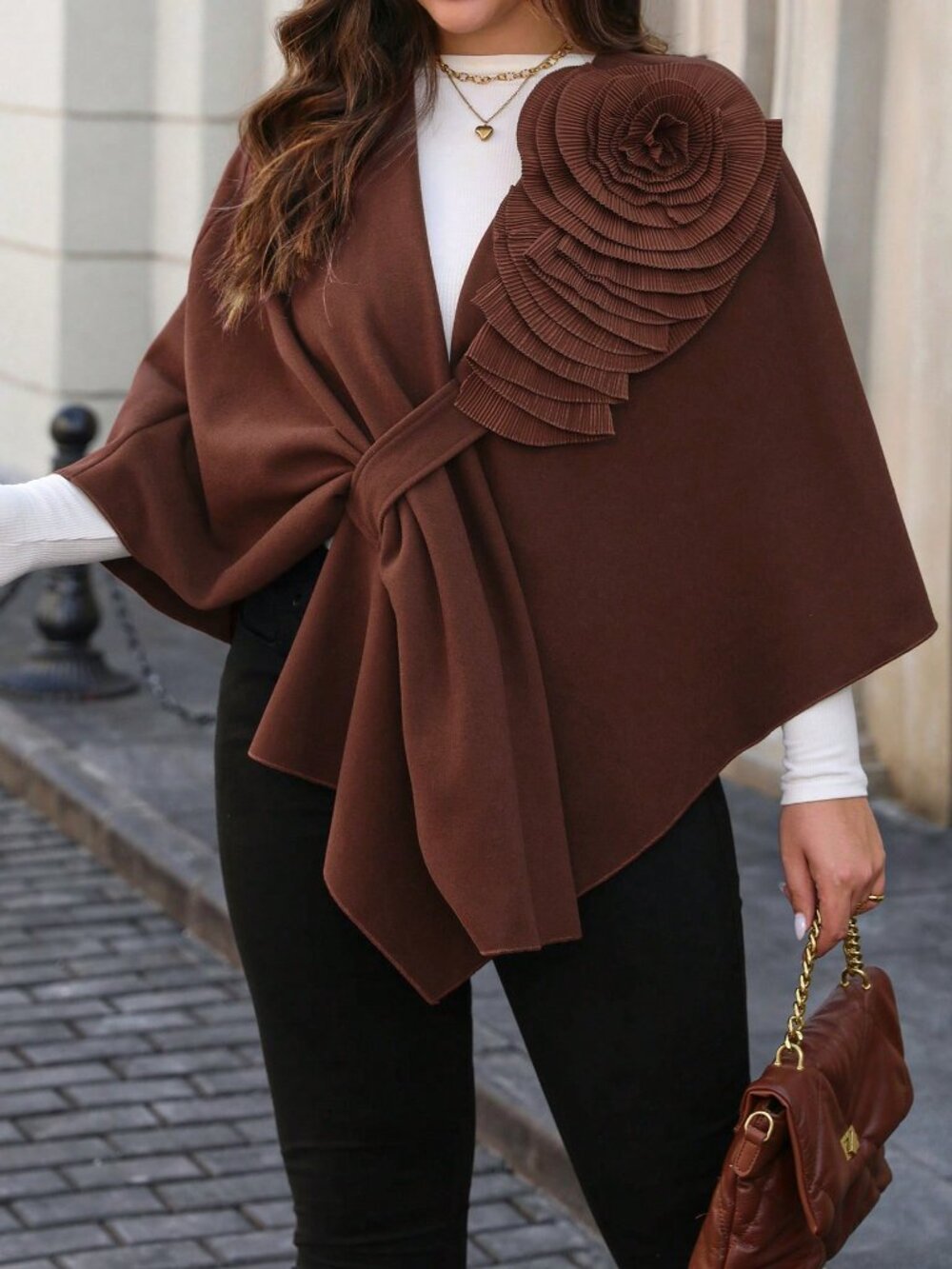 Brown Casual Women's Asymmetrical Hem Floral Decor Poncho Jacket - Picture 5 of 8